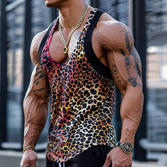 【CLEARANCE】Men's Sexy U-Neck Leopard Print Cotton Blend Patchwork Tank Top 03756297M
