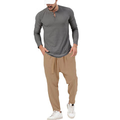 Men's Solid Color Casual Long Sleeve Henley T-Shirt Trouser Set 72706978X