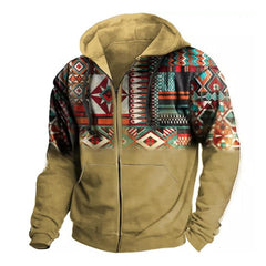 Men's Retro Casual Ethnic Style Geometric Print Zipper Hoodie 60305028TO