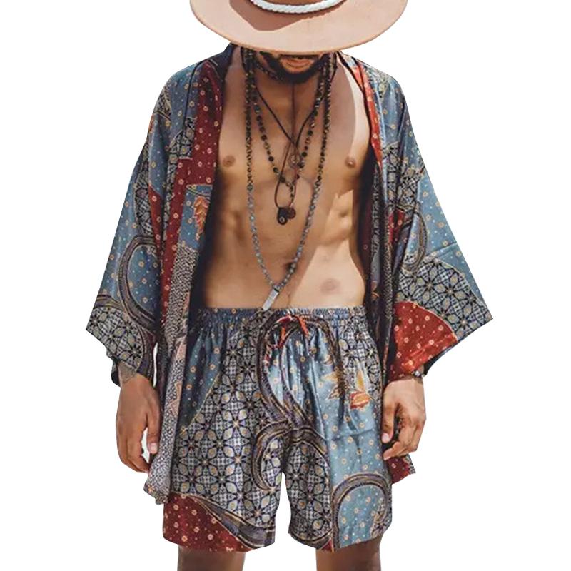 Men's Vintage Print Beach Loose Cardigan Shorts Set 21232142Y
