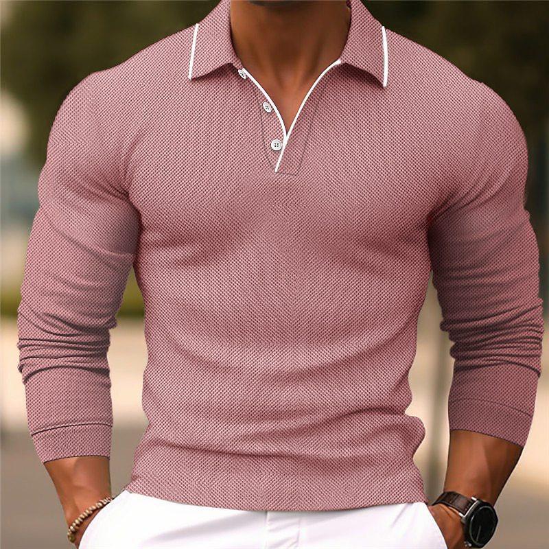 【24-hour shipping out】Men's Solid Color Lapel Slim Fit Cotton Blend Long Sleeve Polo Shirt 54171993Y