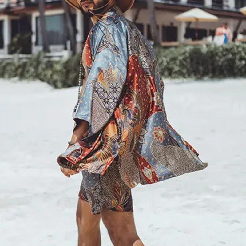 Men's Vintage Print Beach Loose Cardigan Shorts Set 21232142Y