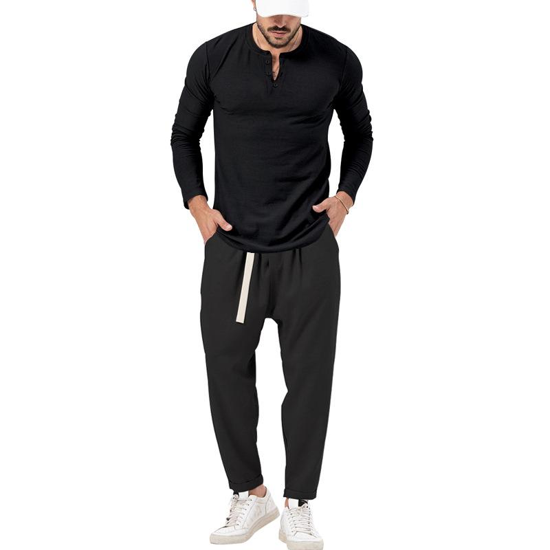 Men's Solid Color Casual Long Sleeve Henley T-Shirt Trouser Set 72706978X