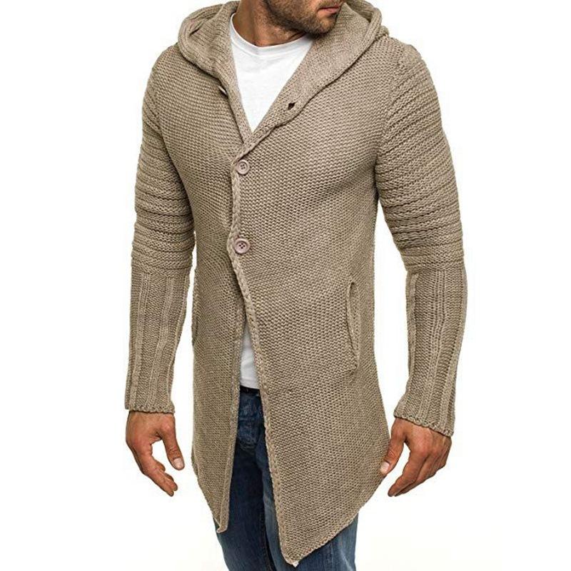 Men's Casual Hooded Single Breasted Long Sleeve Mid Length Knit Cardigan 90721661M