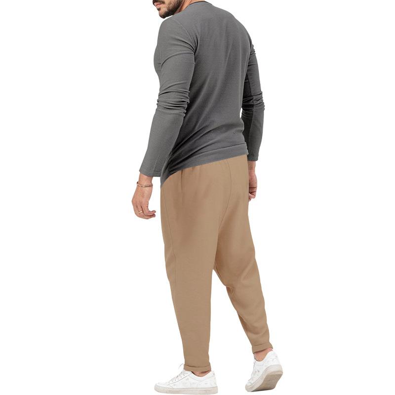 Men's Solid Color Casual Long Sleeve Henley T-Shirt Trouser Set 72706978X