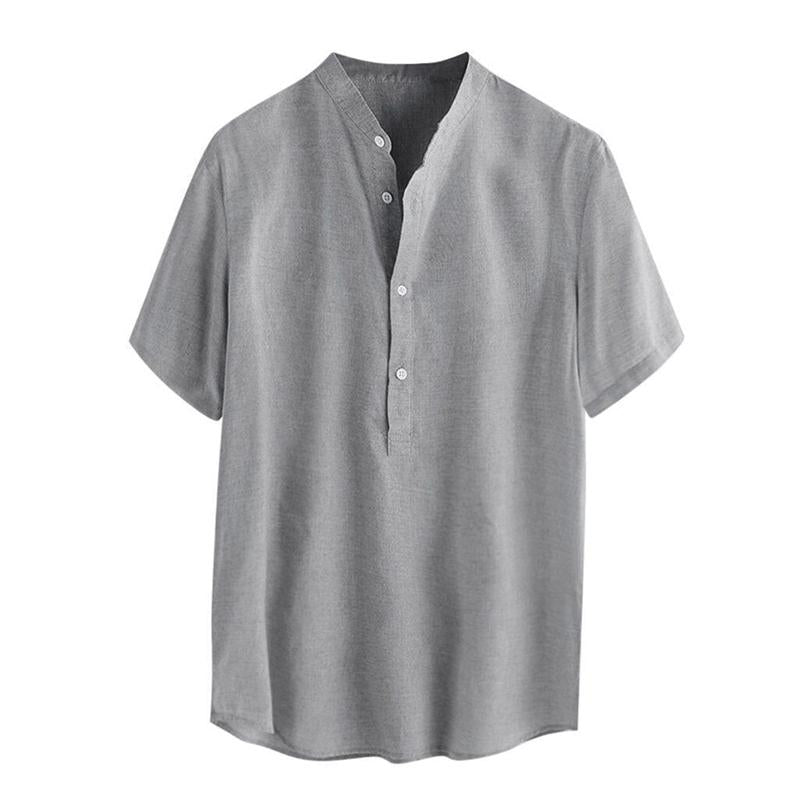Men's Solid Color Stand Collar Cotton Linen Short Sleeve Shirt 25025155X