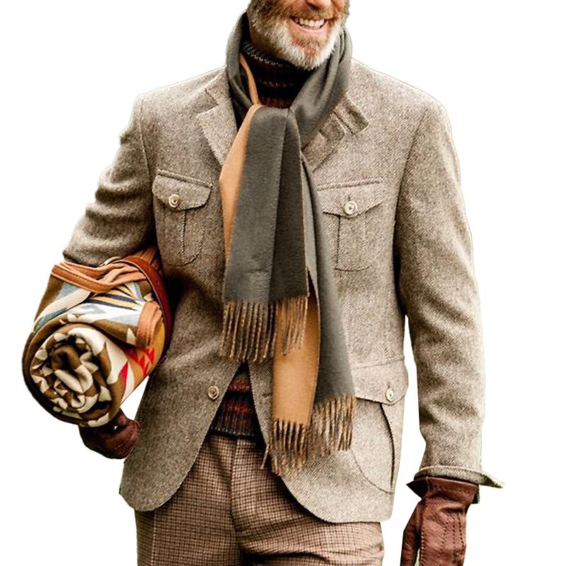 Men's Vintage Herringbone Fabric Stand Collar Multi-Pocket Safari Jacket 74248093Y