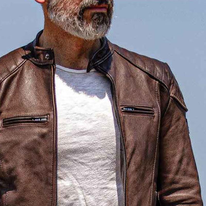 Men's Vintage Biker Stand Collar Zipper Leather Jacket 50349330X