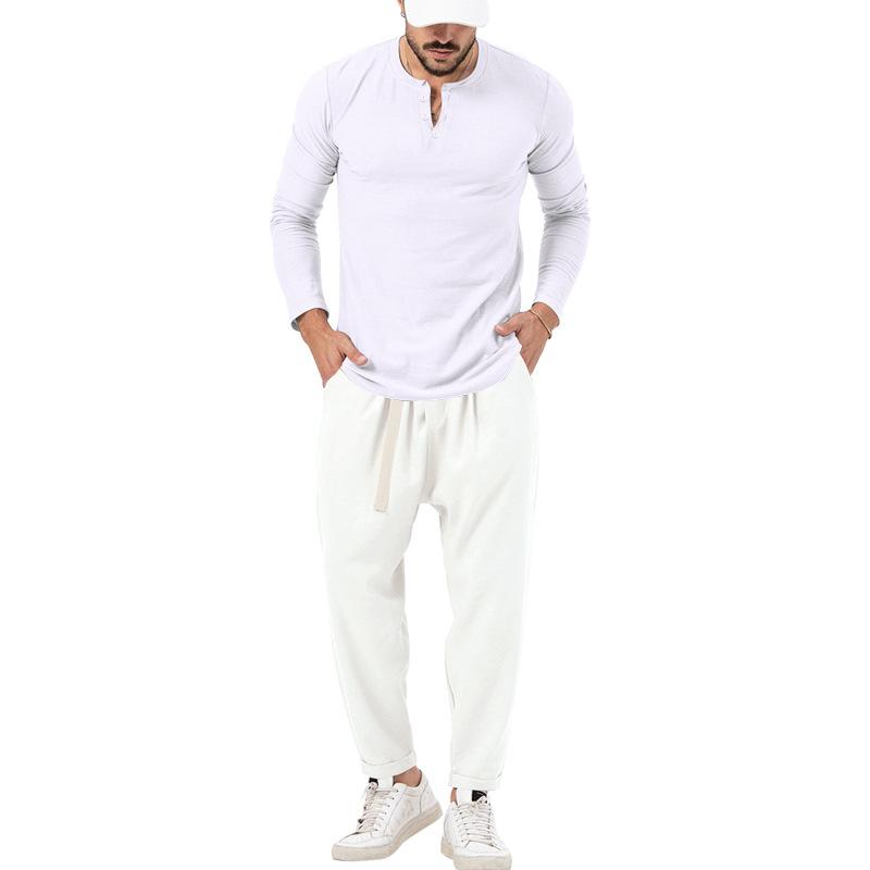 Men's Solid Color Casual Long Sleeve Henley T-Shirt Trouser Set 72706978X