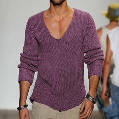Men's Casual Solid Color V-Neck Loose Knit Pullover Sweater 18392900M