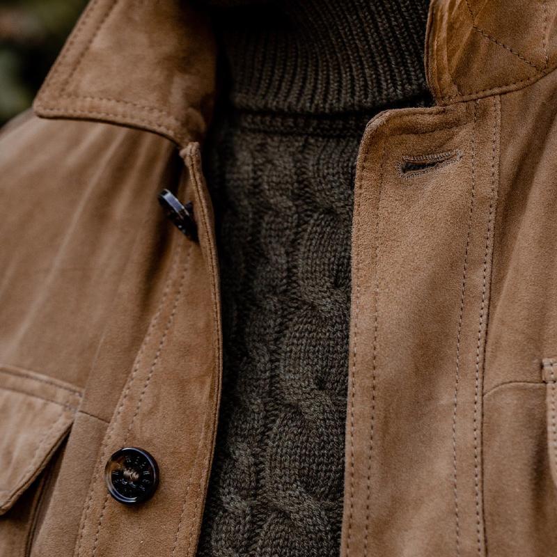 Men's Vintage Lapel Multi Pocket Solid Suede Jacket 84262271X