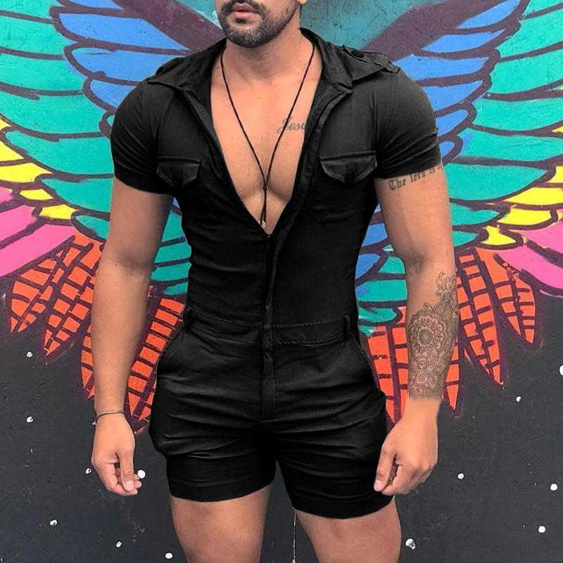 Men's Solid Color Zipper Short Sleeve Jumpsuit 21065818Y