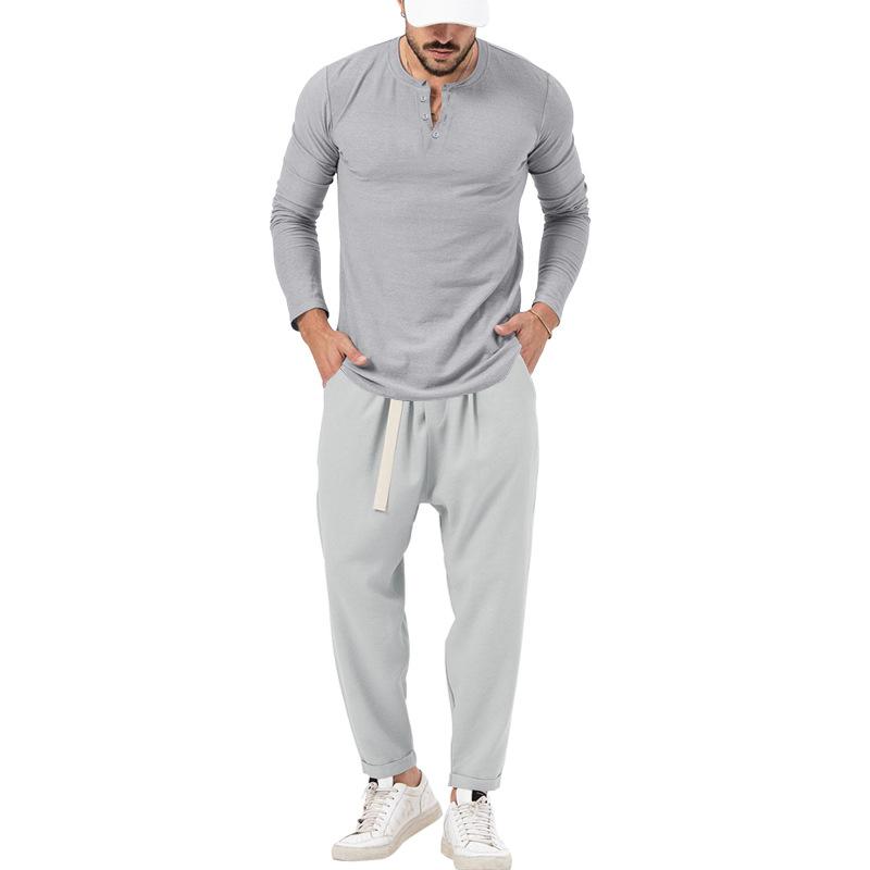 Men's Solid Color Casual Long Sleeve Henley T-Shirt Trouser Set 72706978X
