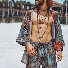 Men's Vintage Print Beach Loose Cardigan Shorts Set 21232142Y