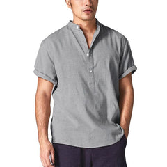 Men's Solid Color Stand Collar Cotton Linen Short Sleeve Shirt 25025155X