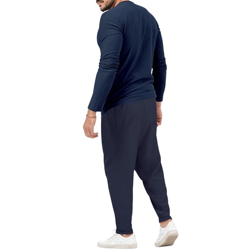 Men's Solid Color Casual Long Sleeve Henley T-Shirt Trouser Set 72706978X