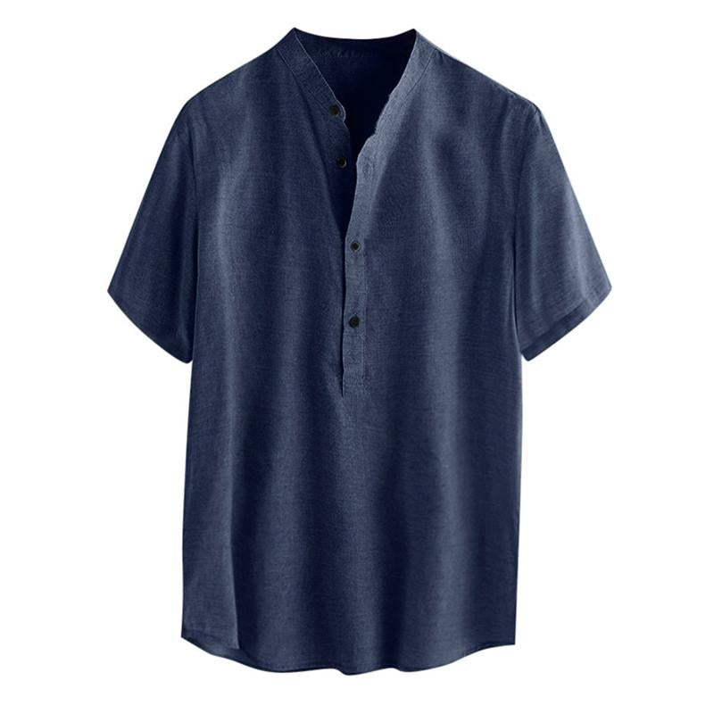 Men's Solid Color Stand Collar Cotton Linen Short Sleeve Shirt 25025155X