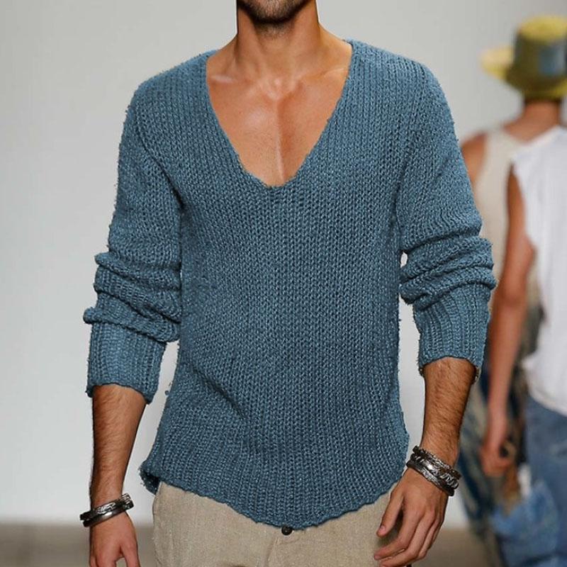 Men's Casual Solid Color V-Neck Loose Knit Pullover Sweater 18392900M
