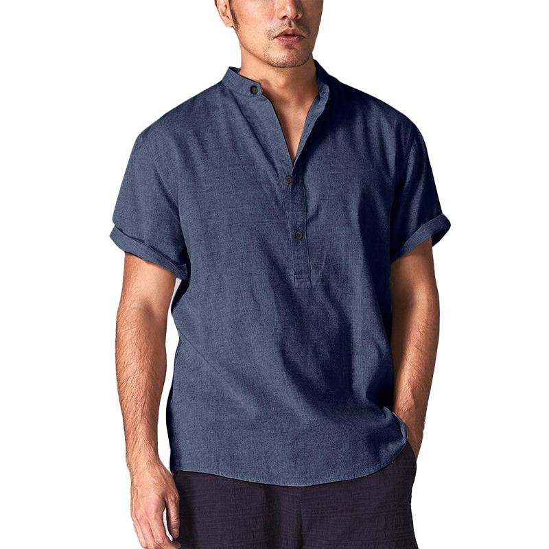 Men's Solid Color Stand Collar Cotton Linen Short Sleeve Shirt 25025155X