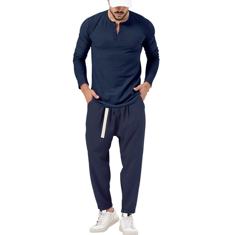 Men's Solid Color Casual Long Sleeve Henley T-Shirt Trouser Set 72706978X
