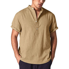 Men's Solid Color Stand Collar Cotton Linen Short Sleeve Shirt 25025155X