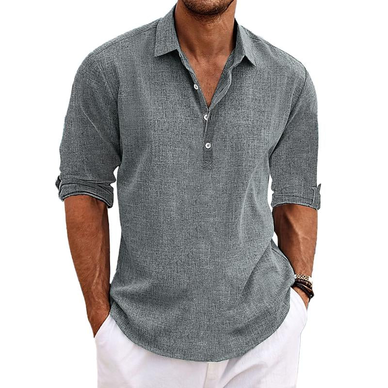 Men's Casual Solid Color Pullover Lapel Roll-Up Cotton and Linen Sleeve Long Sleeve Shirt 41061054Y