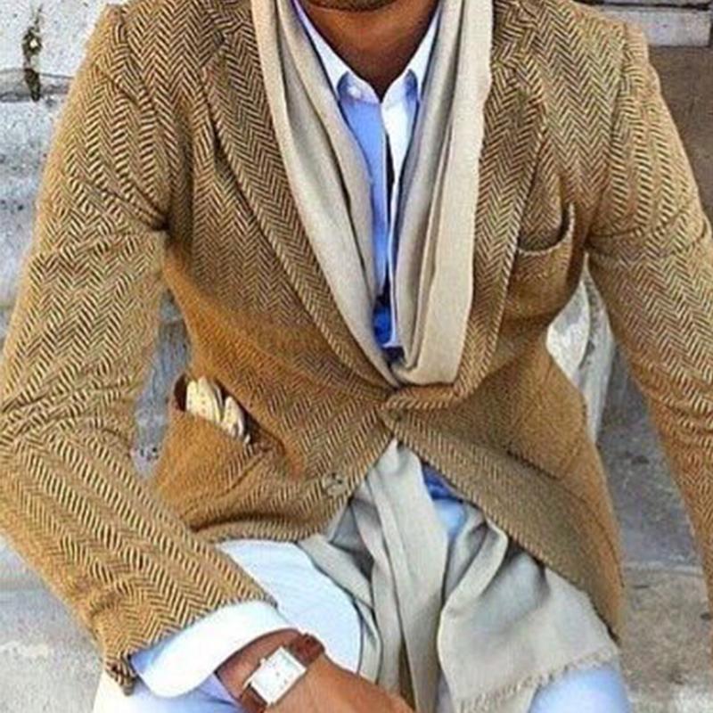 Men's Vintage Herringbone Wool Blend Lapel Single Breasted Blazer 84719153M