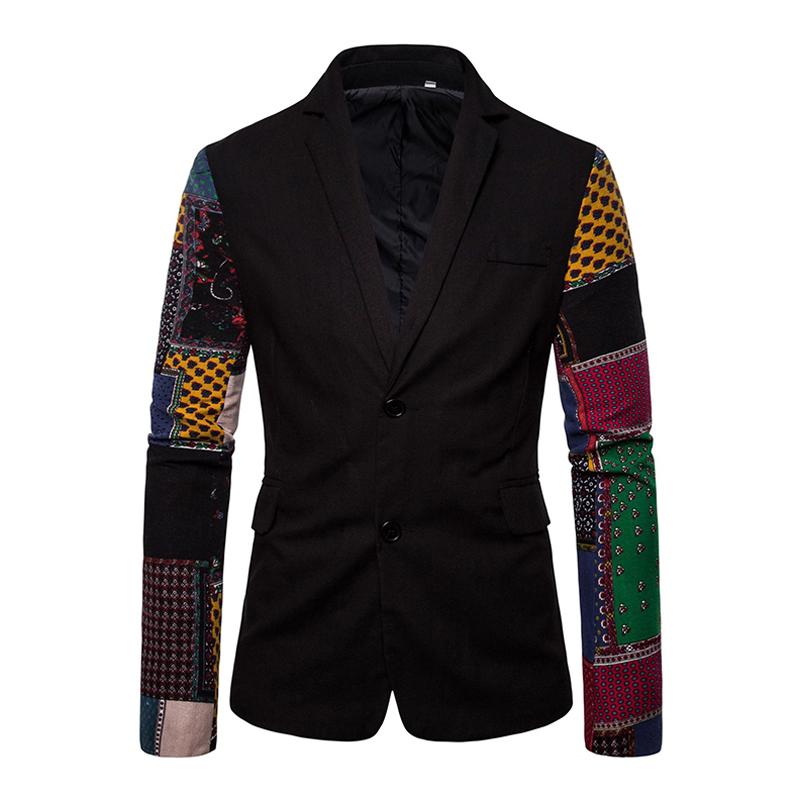 Men's Vintage Wool Blend Ethnic Print Patchwork Lapel Single-Breasted Blazer 24871124M