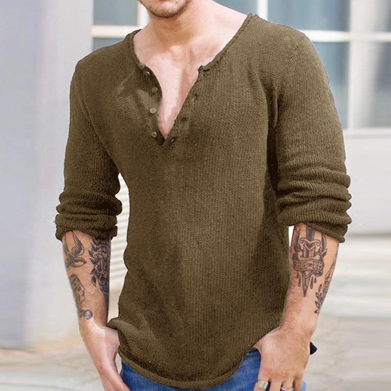 Men's Solid Color V-Neck Long-Sleeved Sweater 70257064Y