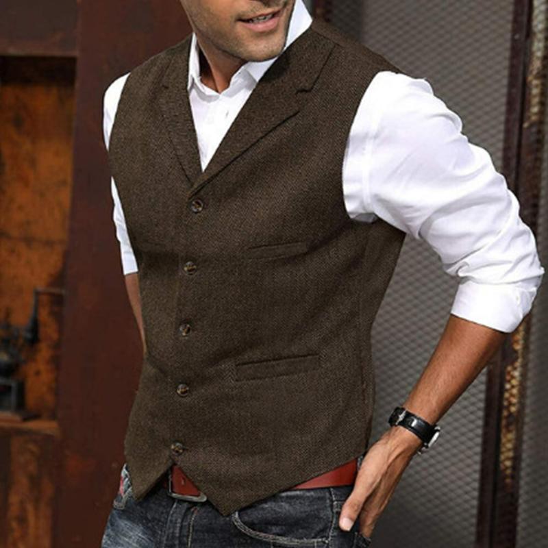 Men's Vintage Herringbone Lapel Single Breasted Slim Fit Suit Vest 34062296M