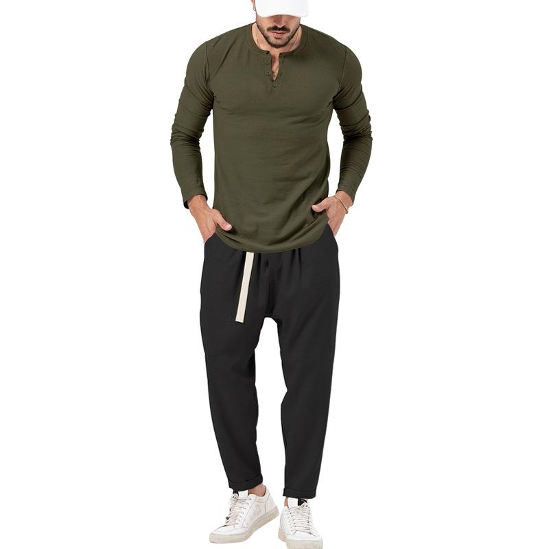 Men's Solid Color Casual Long Sleeve Henley T-Shirt Trouser Set 72706978X