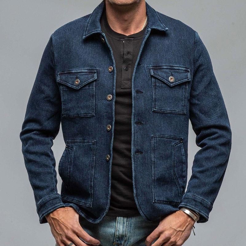 Men's Vintage Washed Denim Multi-Pocket Lapel Jacket 96164488X