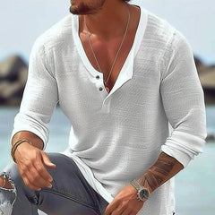 Men's Casual Breathable Cotton Linen U Neck Long-Sleeved T-Shirt 92358906M