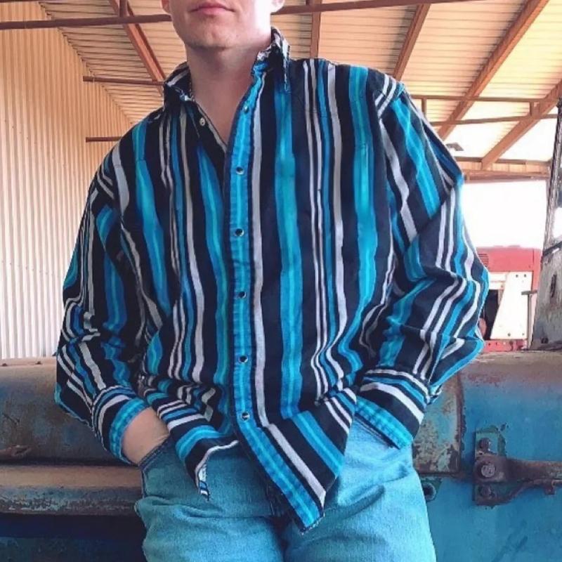 【24-hour shipping out】Men's Western Cowboy Stripe Printed Vacation Long Sleeve Shirt 43560067X