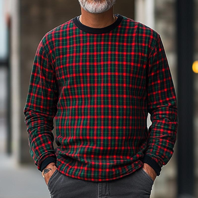 Men's Retro Casual Red and Green Plaid Christmas Crewneck Sweatshirt 97110529TO