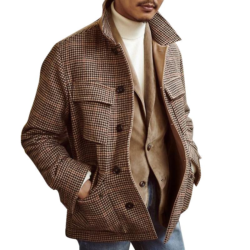 Men's Vintage Houndstooth Lapel Multi-Pocket Jacket 47384123Y