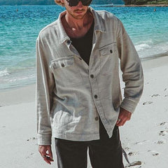 Men's Solid Color Multi Pocket Long Sleeve Lapel Shirt 77310747X