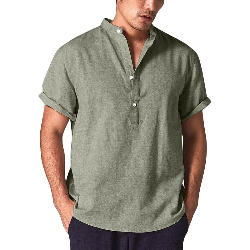 Men's Solid Color Stand Collar Cotton Linen Short Sleeve Shirt 25025155X