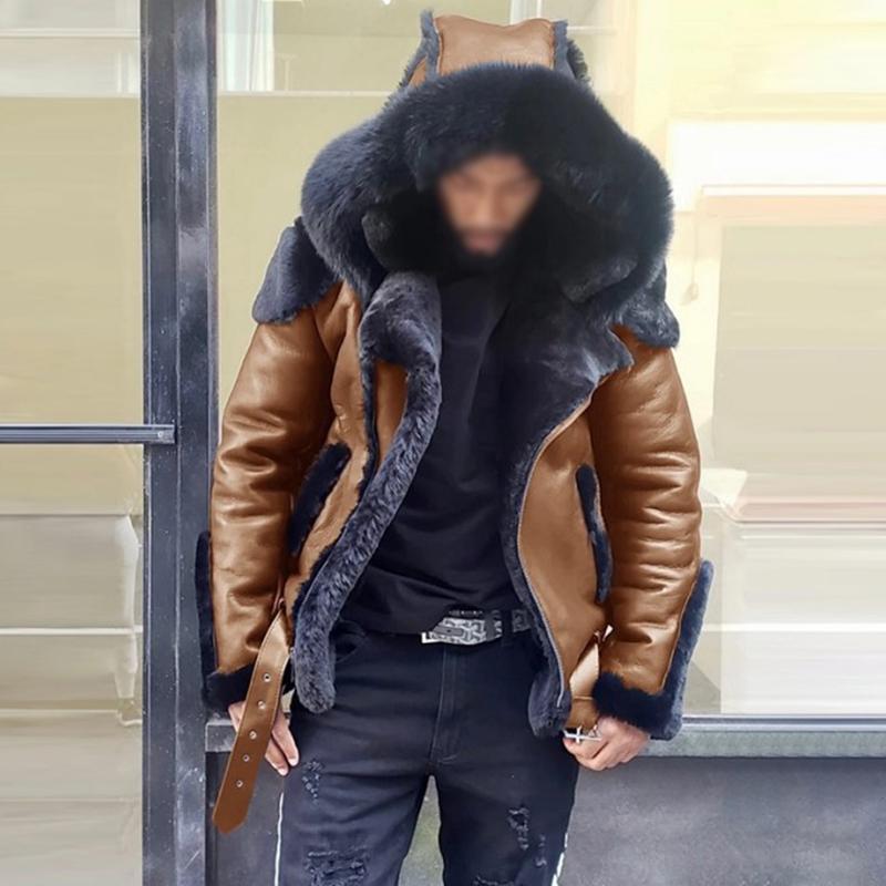 Men's Vintage Thickened Imitation Fur Zipper Motorcycle Jacket 69573356M