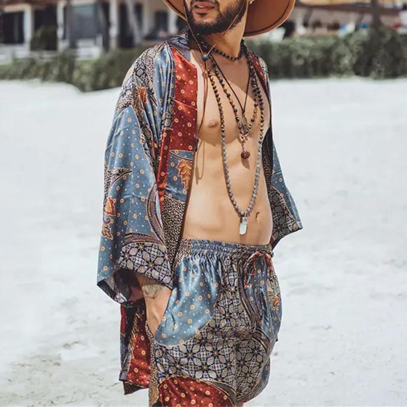 Men's Vintage Print Beach Loose Cardigan Shorts Set 21232142Y
