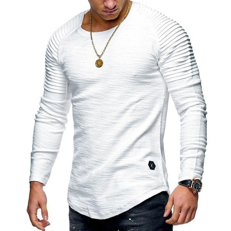 Men's Casual Solid Color Pleated Stitching Round Neck Long Sleeve T-Shirt 46273311M