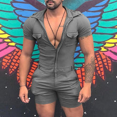 Men's Solid Color Zipper Short Sleeve Jumpsuit 21065818Y