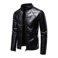 Men's Vintage Slim Stand Collar Panel Leather Biker Jacket 91771623M