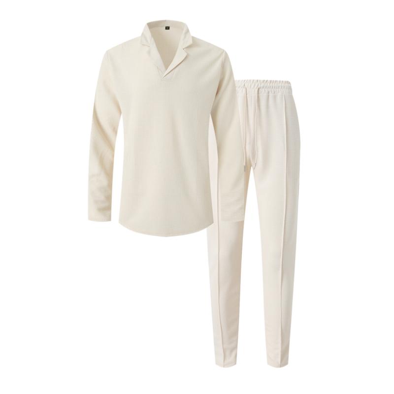Men's Solid Color Waffle Cuban Collar Long Sleeve T-Shirt And Pants Set 28710871Y