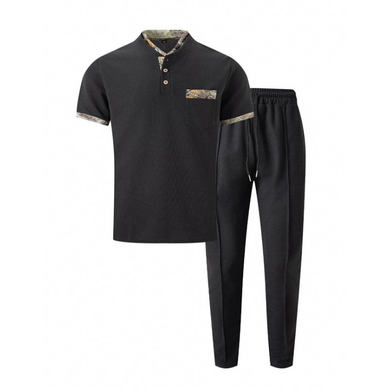 Men's Waffle Colorblock Short Sleeve T-Shirt and Pants Set 95966894Y