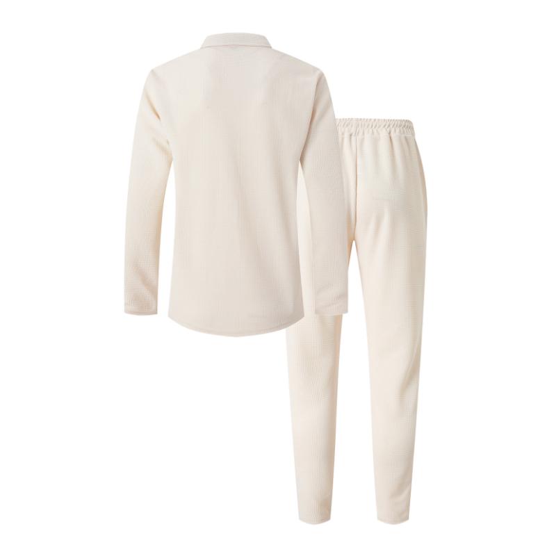 Men's Solid Color Waffle Cuban Collar Long Sleeve T-Shirt And Pants Set 28710871Y