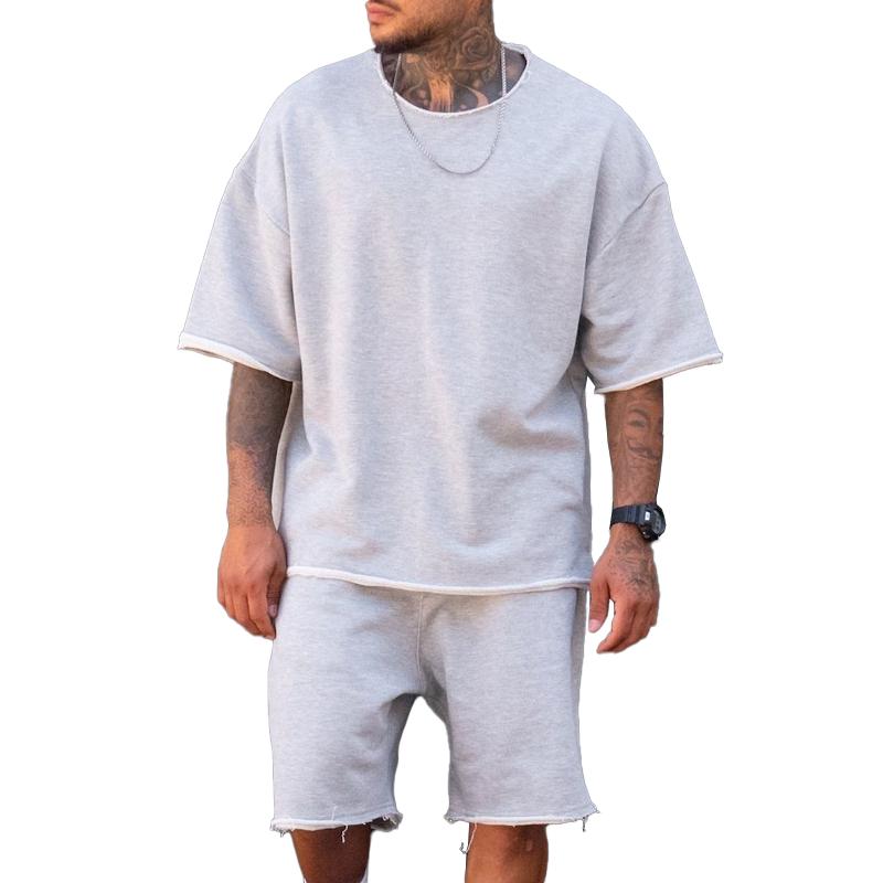 Men's Solid Loose Short Sleeve Rolled T-shirt Shorts Set 79449416Z