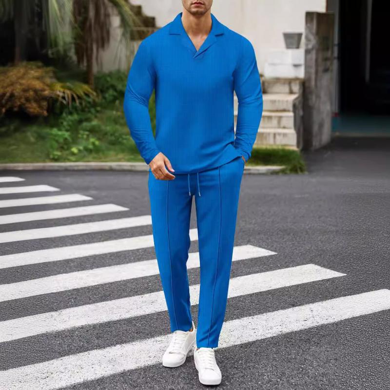 Men's Solid Color Waffle Cuban Collar Long Sleeve T-Shirt And Pants Set 28710871Y