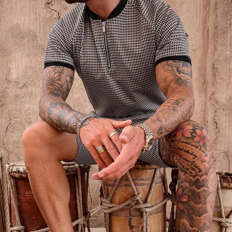 Men's Zipper Henley Collar Plaid Short Sleeve Top Shorts Casual Set 16624506Z