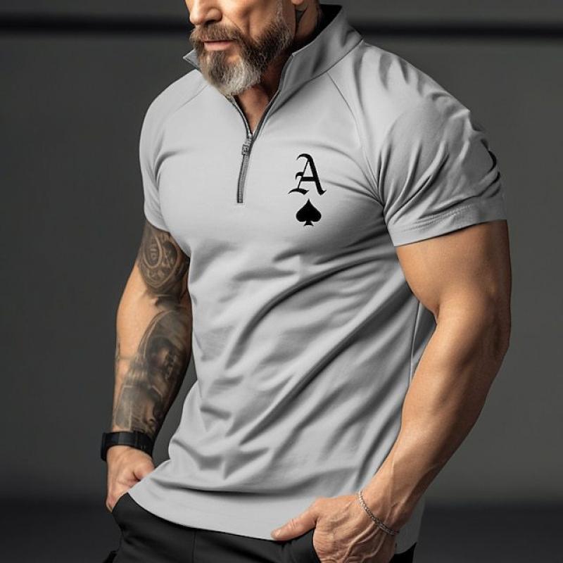Men's Zipper Lapel Poker Print Short Sleeve Polo Shirt 56855419Z